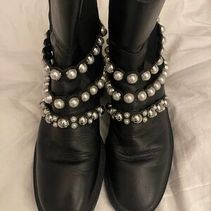 Zara Black Leather Heeled Boots with Silver Pearl Straps